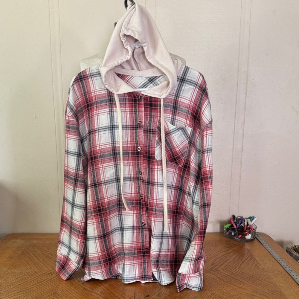 Red and White Plaid Hoodie Shirt